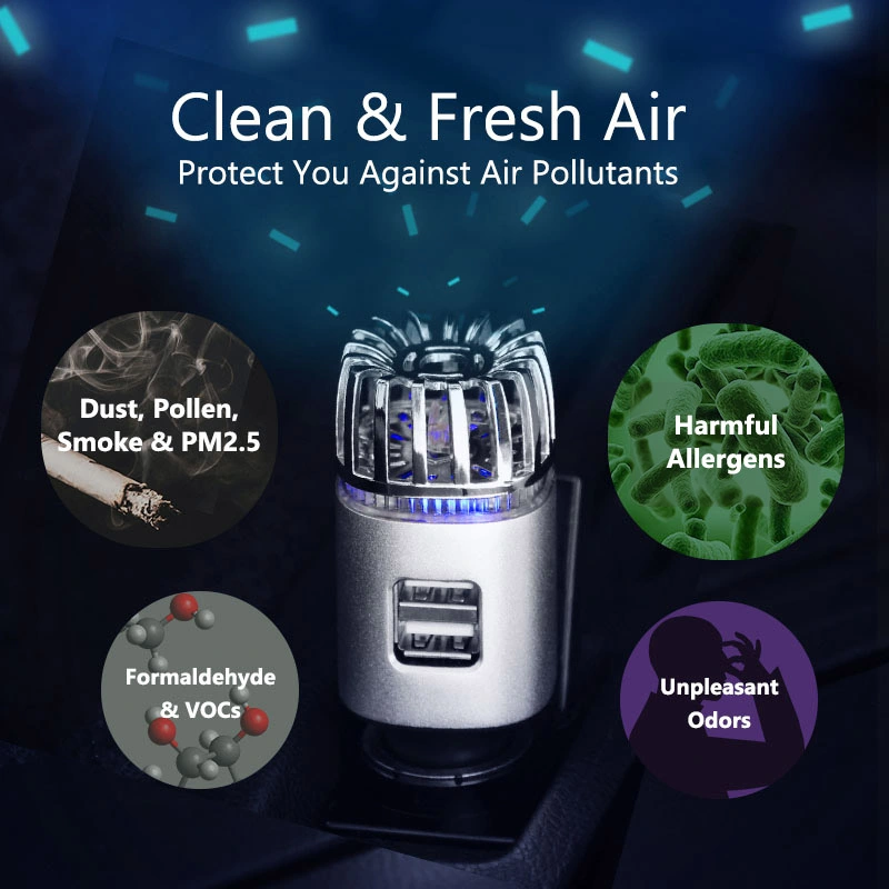 Top Selling Products OEM Customization Portable Mini Minimal Noise Filterless Ionizer Air Cleaner Dual USB Port Charger Negative Ion Car Air Purifier