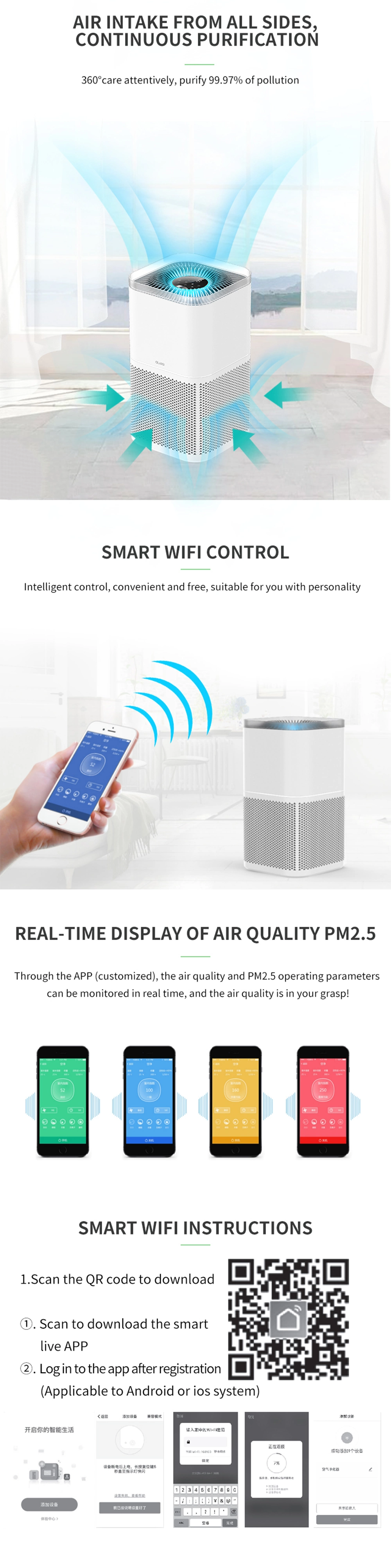 Olansi Latest Best 250m3h Cadr Hospital Air Purifier Desktop UVC H13 Air Purifier WiFi Air Cleaner for Adults Kids